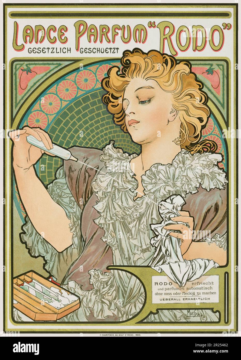 Lancia Parfum Rodo di Alphonse Mucha (1860-1939). Poster pubblicato nel 1896 in Francia (versione tedesca). Foto Stock