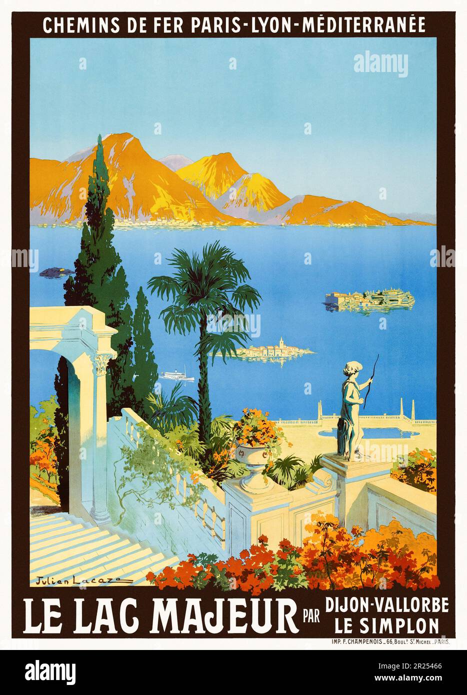 Chemins de fer Paris - Lyon - Méditerranée. Le Lac Majeur par Dijon-Vallorbe. Le Simplon di Julien Lacaze (1886-1971). Poster pubblicato nel 1913 in Francia. Foto Stock