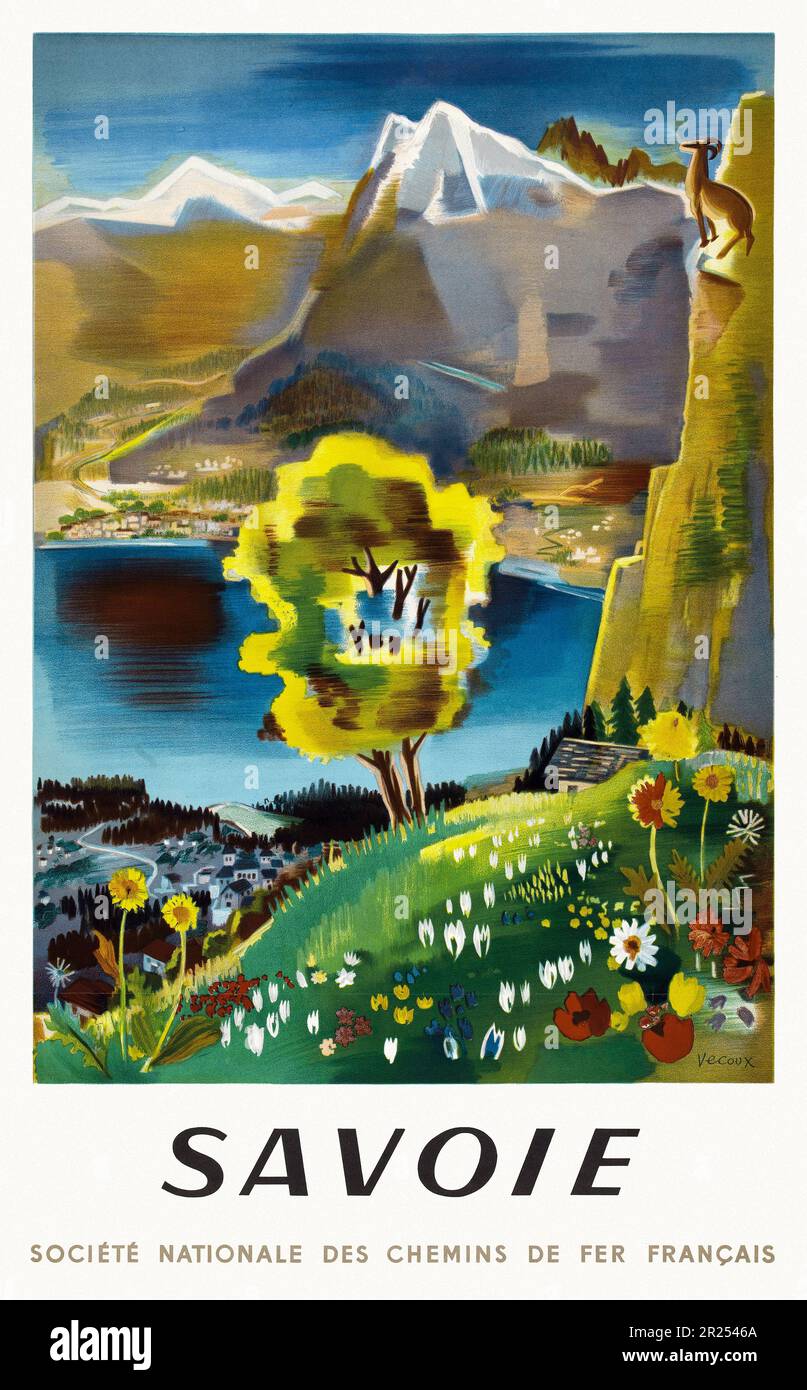 Savoia. Société nationale des chemins de fer francais di Vecoux (date sconosciute). Poster pubblicato nel 1946 in Francia. Foto Stock