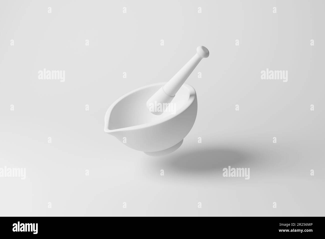 Mortaio bianco e pestello che galleggiano su sfondo bianco creando uno stile monocromatico. Illustrazione del concetto di minimalismo e cucina Foto Stock