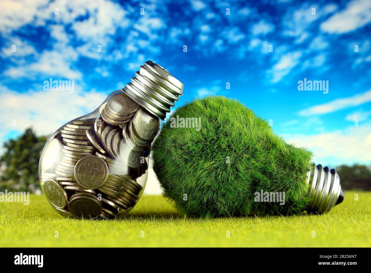 Monete all'interno della lampadina e lampadina verde eco con erba. Concetto di energia rinnovabile. I prezzi dell'elettricità, il risparmio energetico in famiglia. Foto Stock