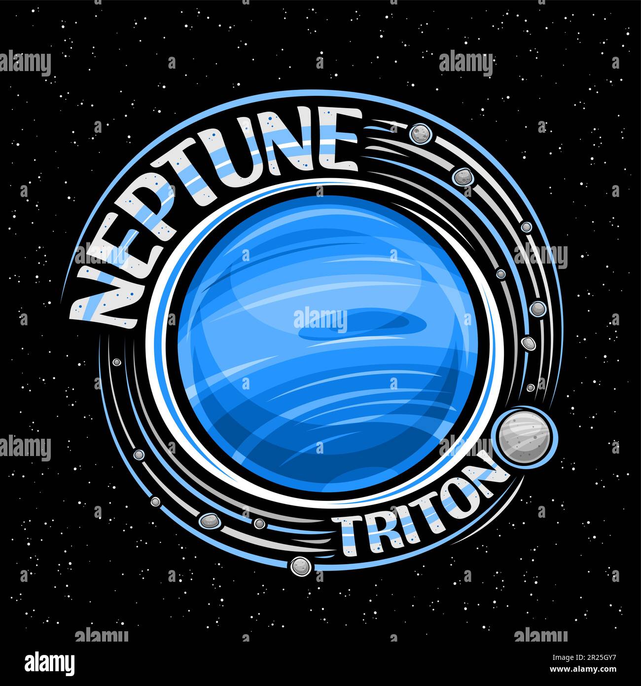 Logo vettoriale per Nettuno, stampa fantasia decorativa con pianeta rotante nettuno e molte lune, superficie ventosa a gas Illustrazione Vettoriale