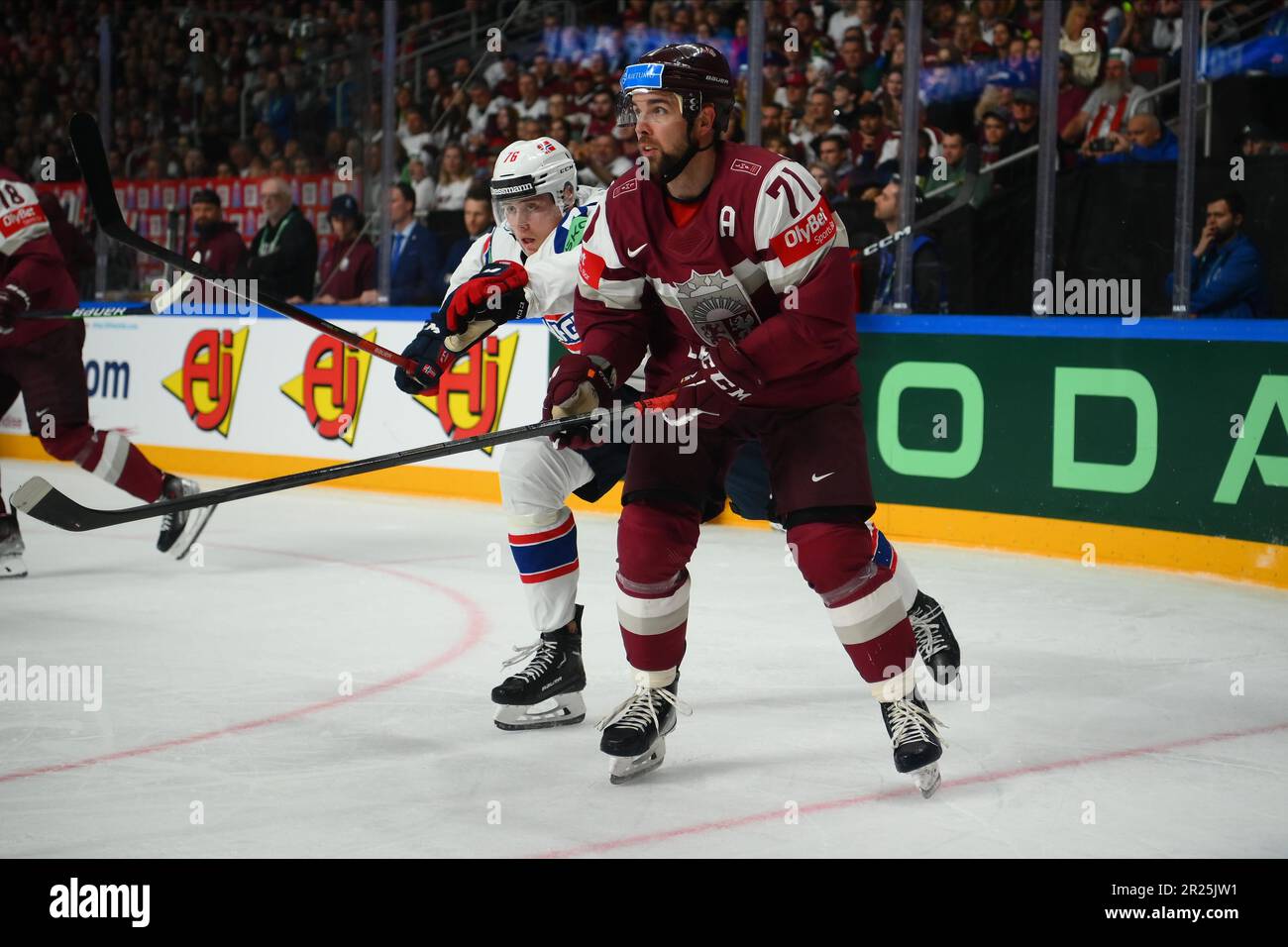 LETTONIA, RIGA - 17.05.23: BUKARTS ROBERTS. Gioco Lettonia vs Norvegia. Campionato Mondiale di Hockey su ghiaccio IIHF 2023 all'Arena riga Foto Stock