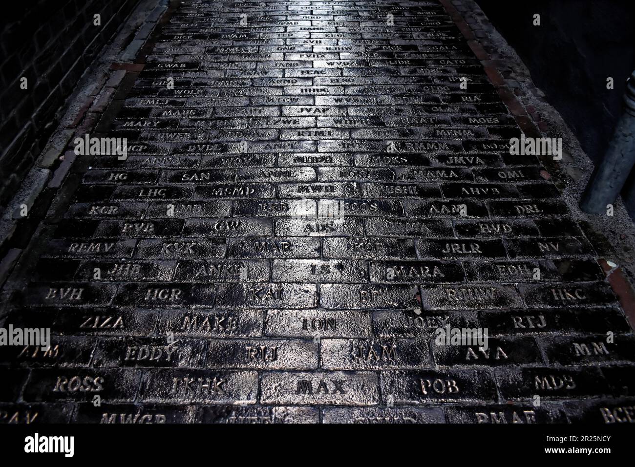 Strada di ciottoli unica con nomi o abbreviazioni su di essi. Nomi su una strada umida a Delft. Riflesso della pioggia su ciottoli neri. Foto Stock