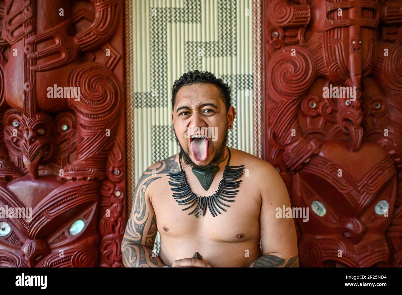 Attaccare la lingua, anche nota come pukana, è un'espressione facciale e un gesto Māori tradizionale che ha un significato culturale. Il significato ed il contesto di attaccare la lingua fuori possono variare secondo la situazione specifica e l'intenzione dietro l'azione. Foto Stock
