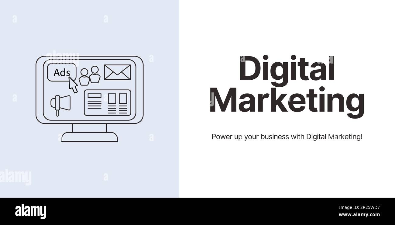 Banner di marketing digitale su sfondo chiaro. Banner di marketing elegante con testo nero e icona per il business e il marketing Illustrazione Vettoriale