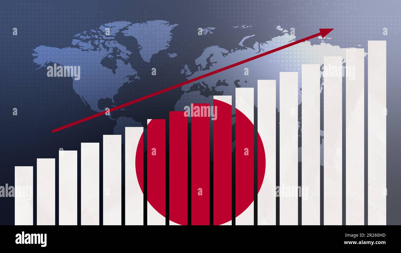 Bandiera del Giappone sul concetto di grafico a barre con valori crescenti, ripresa economica e miglioramento delle imprese dopo la crisi e altre catastrofi come l'economia e l'autobus Foto Stock