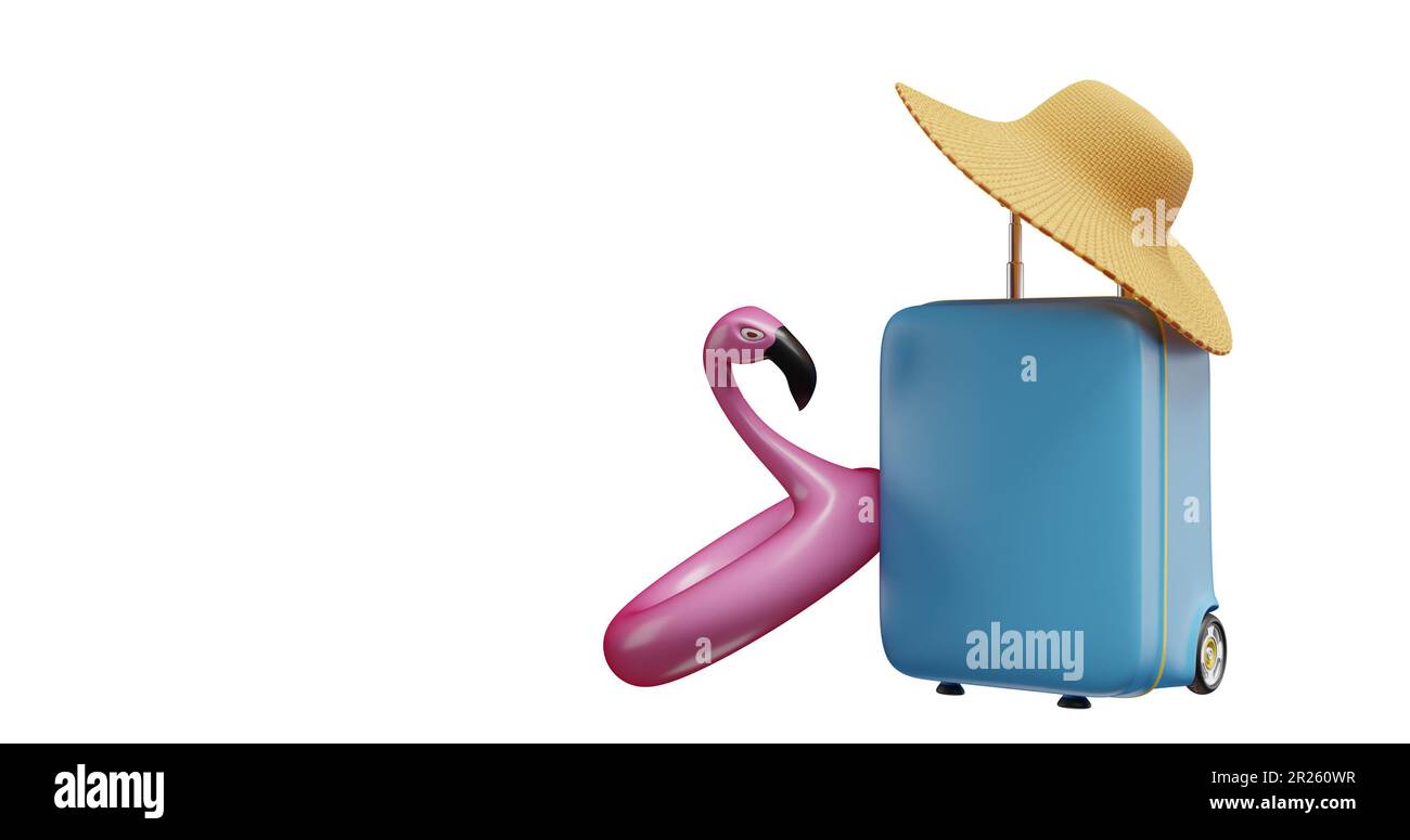 Estate tempo valigia cappello di paglia flamingo gonfiabile su sfondo isolato.3D rendering Foto Stock