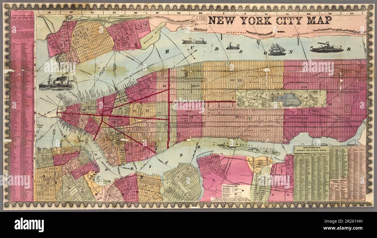 Mappa a colori vintage del 19th° secolo di New York City 1857 Foto Stock