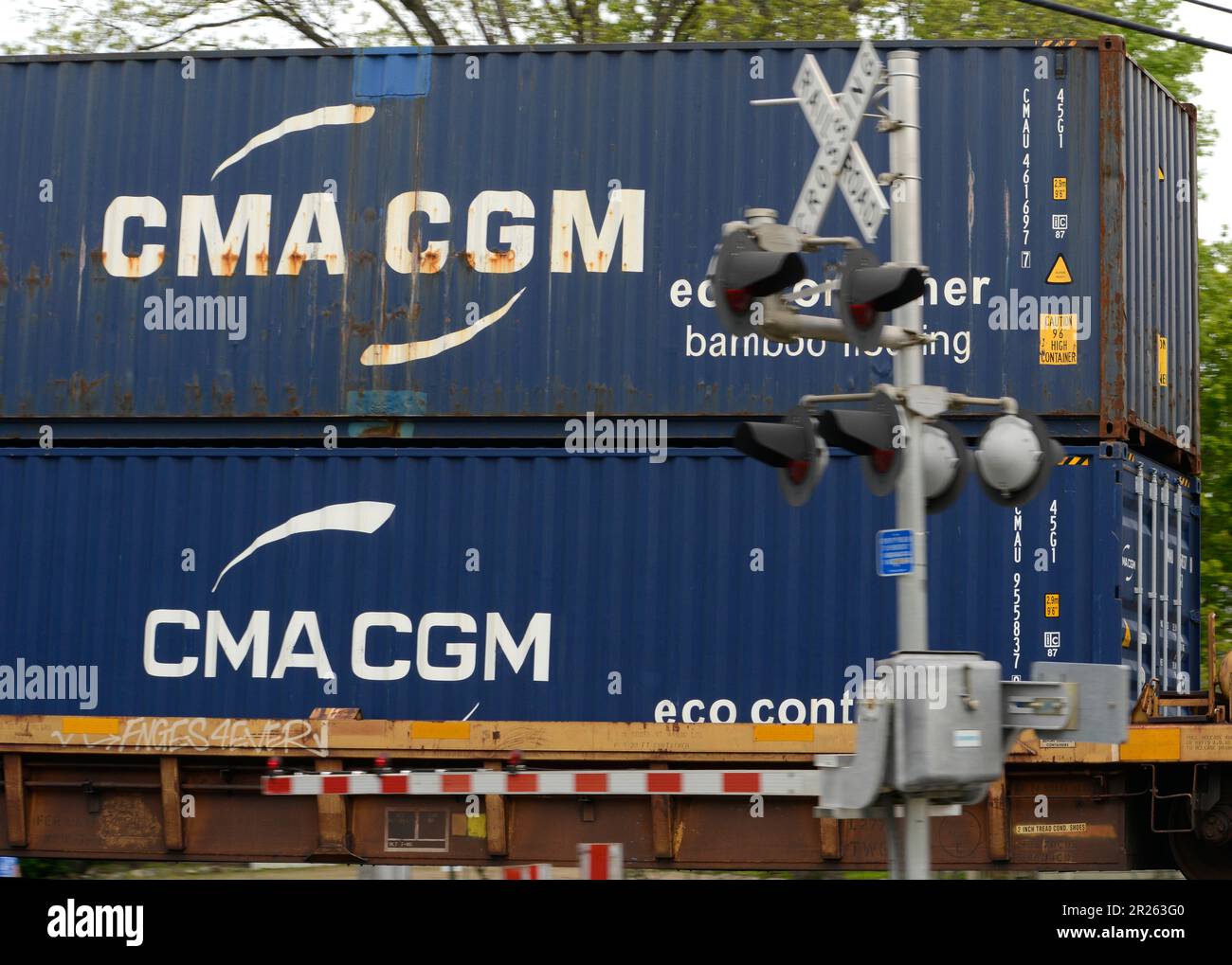 I contenitori di spedizione appartenenti a CMA GGM, una società di spedizioni francese, sono tra i contenitori trainati da un treno Norfolk Southern Railway negli Stati Uniti. Foto Stock