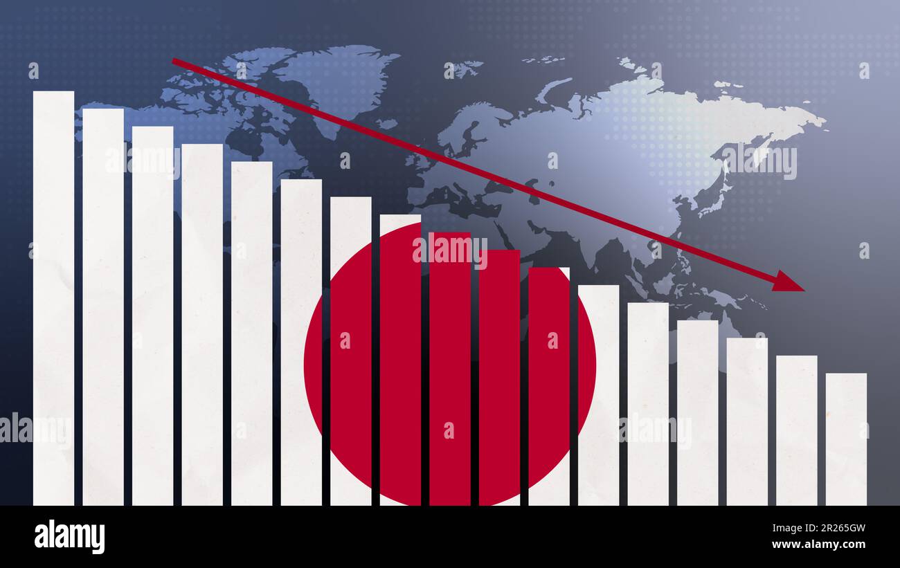 Bandiera del Giappone sul concetto di grafico a barre con valori decrescenti, concetto di crisi economica, conflitti politici, concetto di guerra con bandiera Foto Stock
