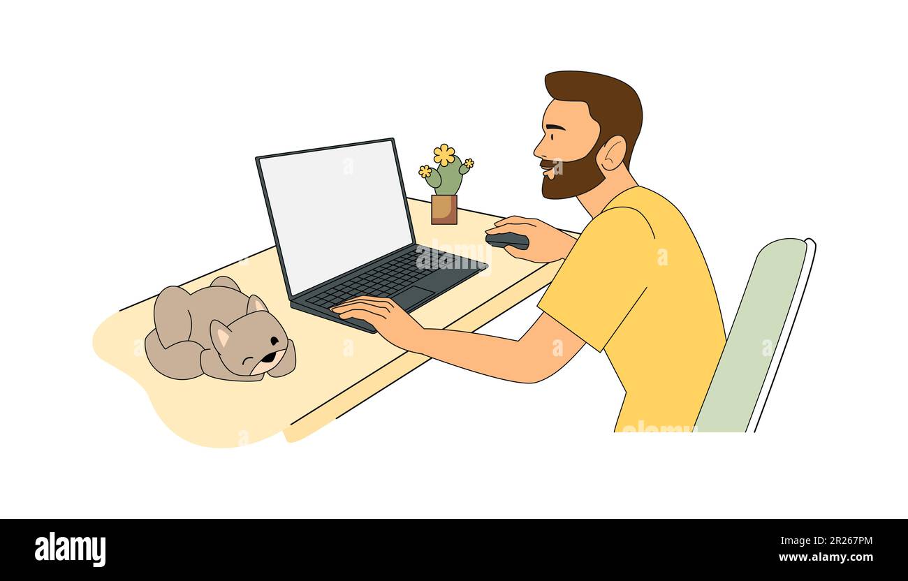 Un uomo che lavora a un tavolo con un computer in abiti da casa, con un cactus e un gatto. Illustrazione vettoriale in stile cartoon piatto Illustrazione Vettoriale