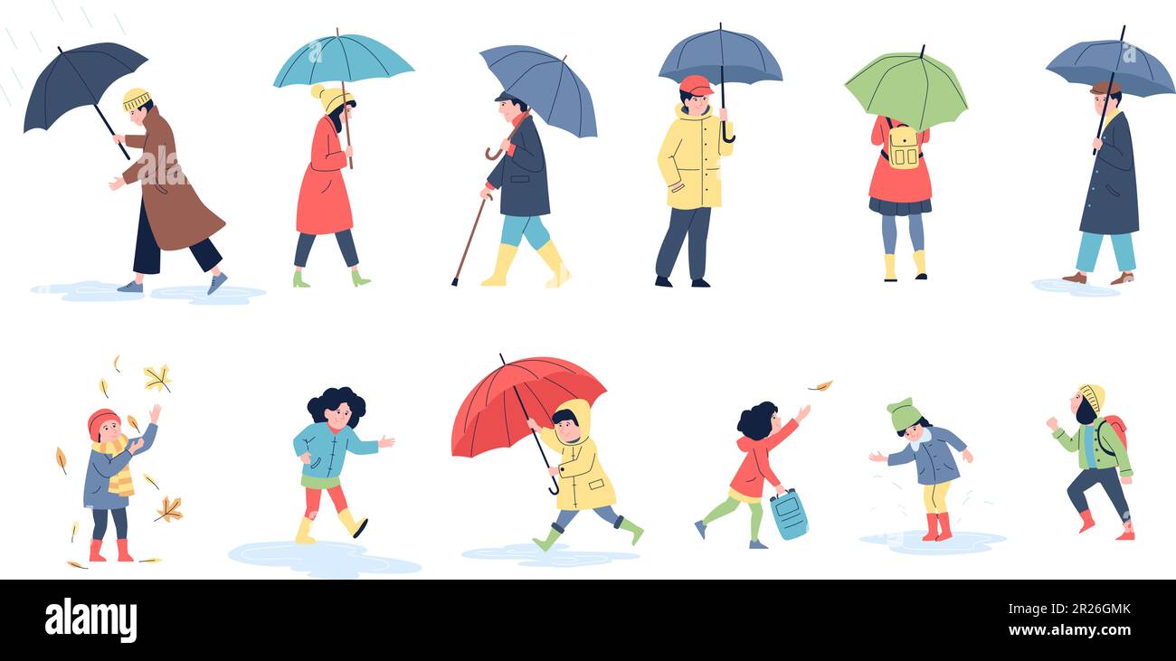 Persone in autunno giornata piovosa a piedi con ombrello. Gli adulti e i bambini divertenti saltano nelle pozzanghere autunnali. Ricreazione sulla natura, vettore esterno recente Illustrazione Vettoriale