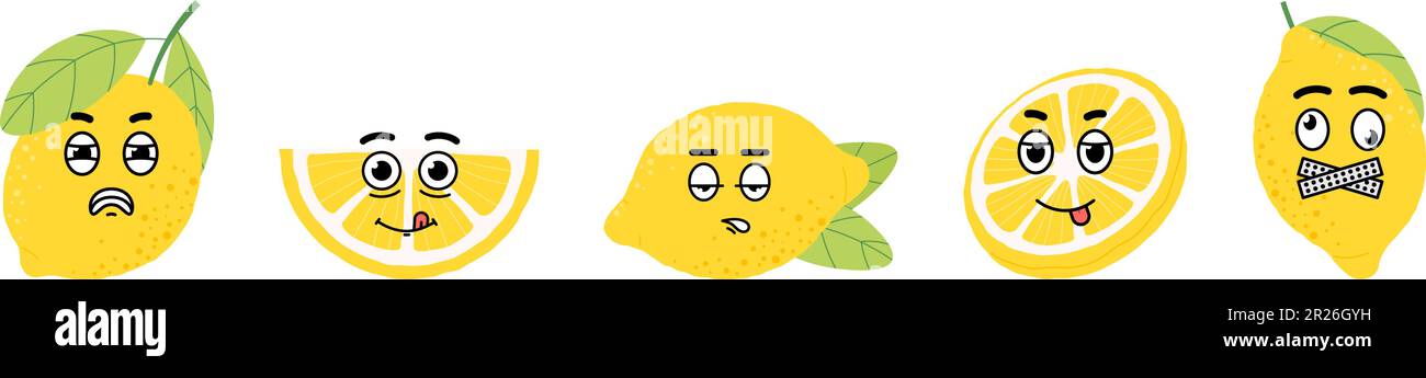 Limoni pazzi con volti divertenti. Adesivi per cartoni animati alla moda, personaggi astratti decorativi. Citrus emotivi isolati, grafica vettoriale carino Illustrazione Vettoriale