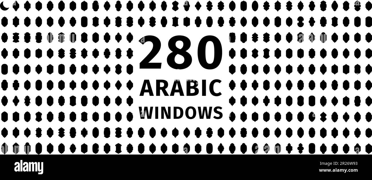 280 set di finestre arabiche. Finestre arabe tradizionali. Finestre e archi islamici. Modello di brochure, libro o biglietto d'auguri. Illustrazione Vettoriale