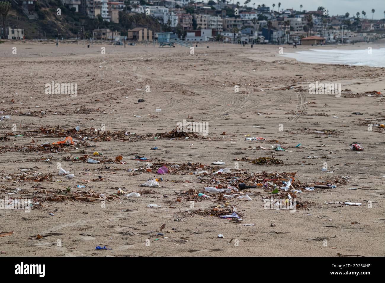 Spazzatura lungo la spiaggia di Playa del Rey, Los Angeles, California, Stati Uniti Foto Stock