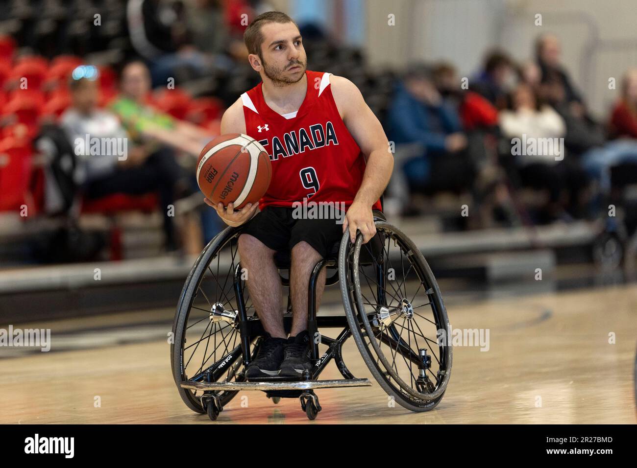 Ottawa, Canada. 17 maggio 2023. Nell'azione di basket maschile su sedia a rotelle nella squadra di sviluppo canadese contro la nazionale olandese nel torneo Invitational di Ottawa alla Carleton University. Copyright 2023 Sean Burges / Mundo Sport Images / Alamo Live News. Foto Stock