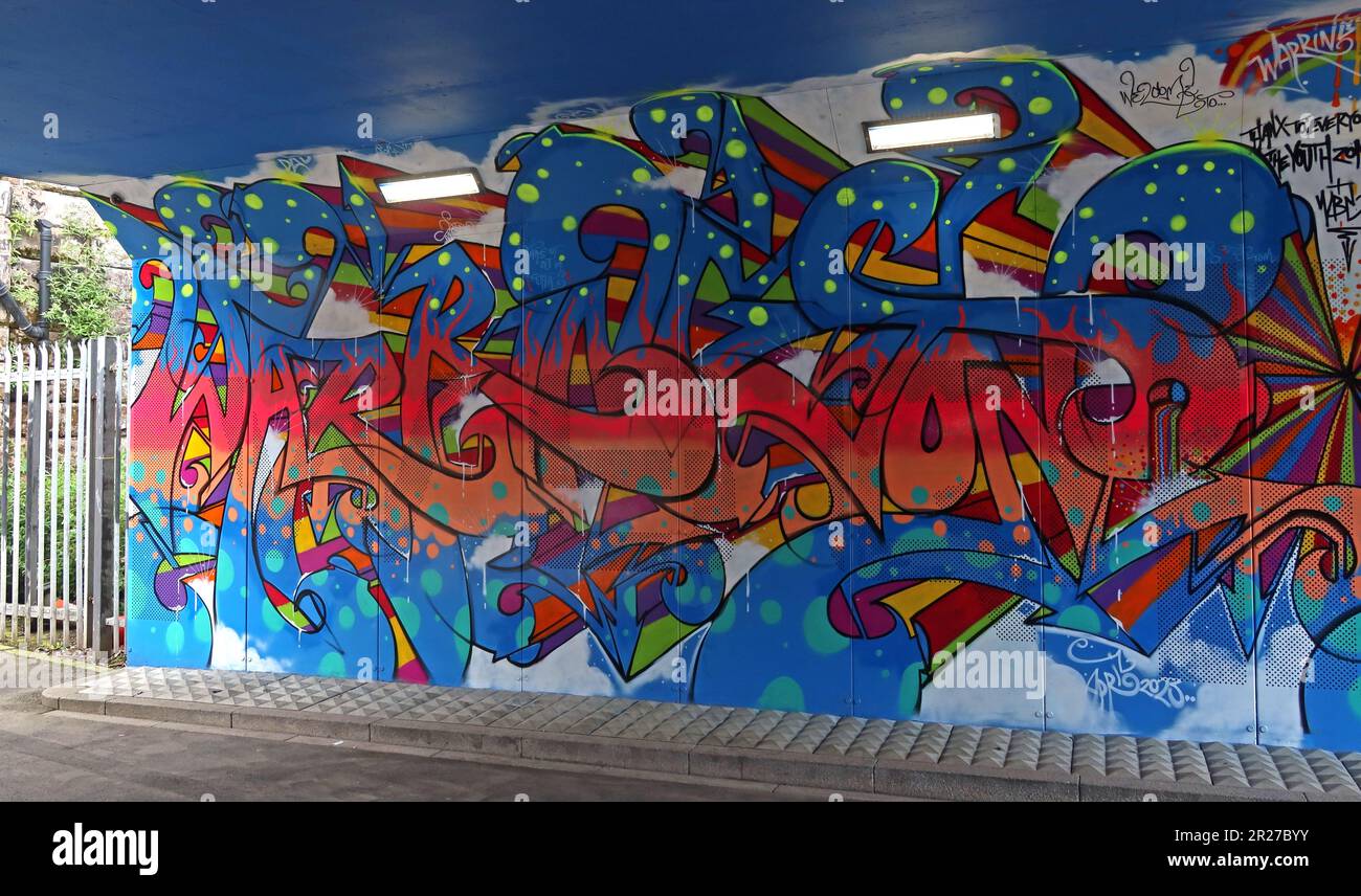 Arte murale del sottopassaggio nel sottopassaggio Midland Way, vicino alla stazione degli autobus di Warrington, dell'artista Tim Twist & Youth zone Young People, Cheshire, UK, WA2 7NB Foto Stock