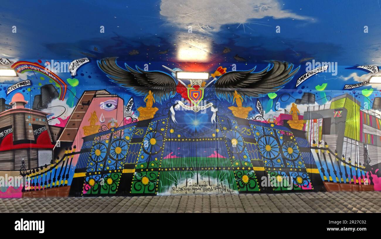 Arte murale del sottopassaggio nel sottopassaggio Midland Way, vicino alla stazione degli autobus di Warrington, dell'artista Tim Twist & Youth zone Young People, Cheshire, UK, WA2 7NB Foto Stock