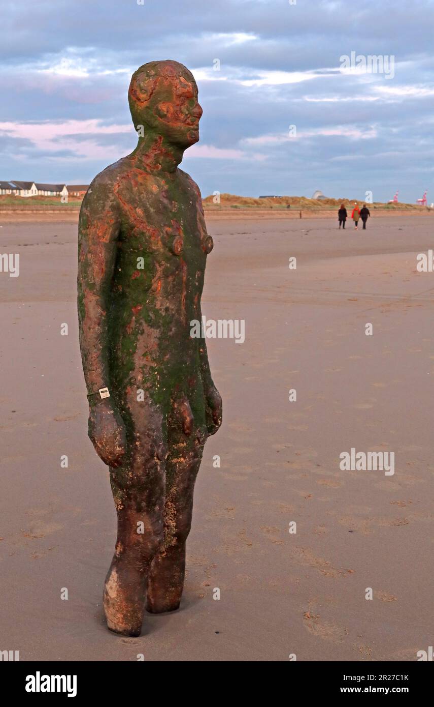 Antony Gormley, un altro luogo di scultura artistica, figure in ghisa, situato tra Waterloo e BlundellSands, Merseyside, Regno Unito, Foto Stock