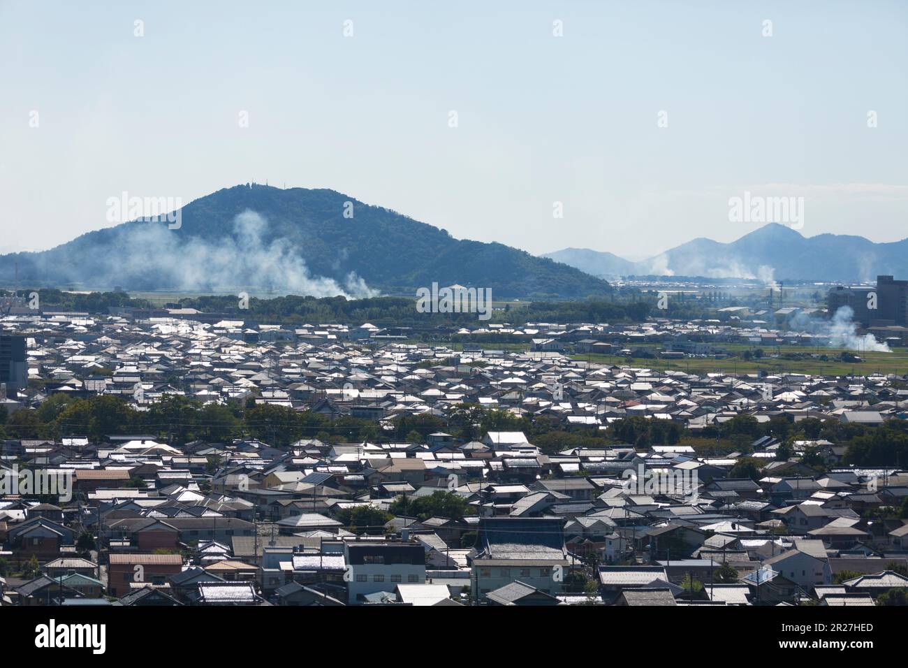 Vista della città di Hikone dal castello di Hikone Foto Stock