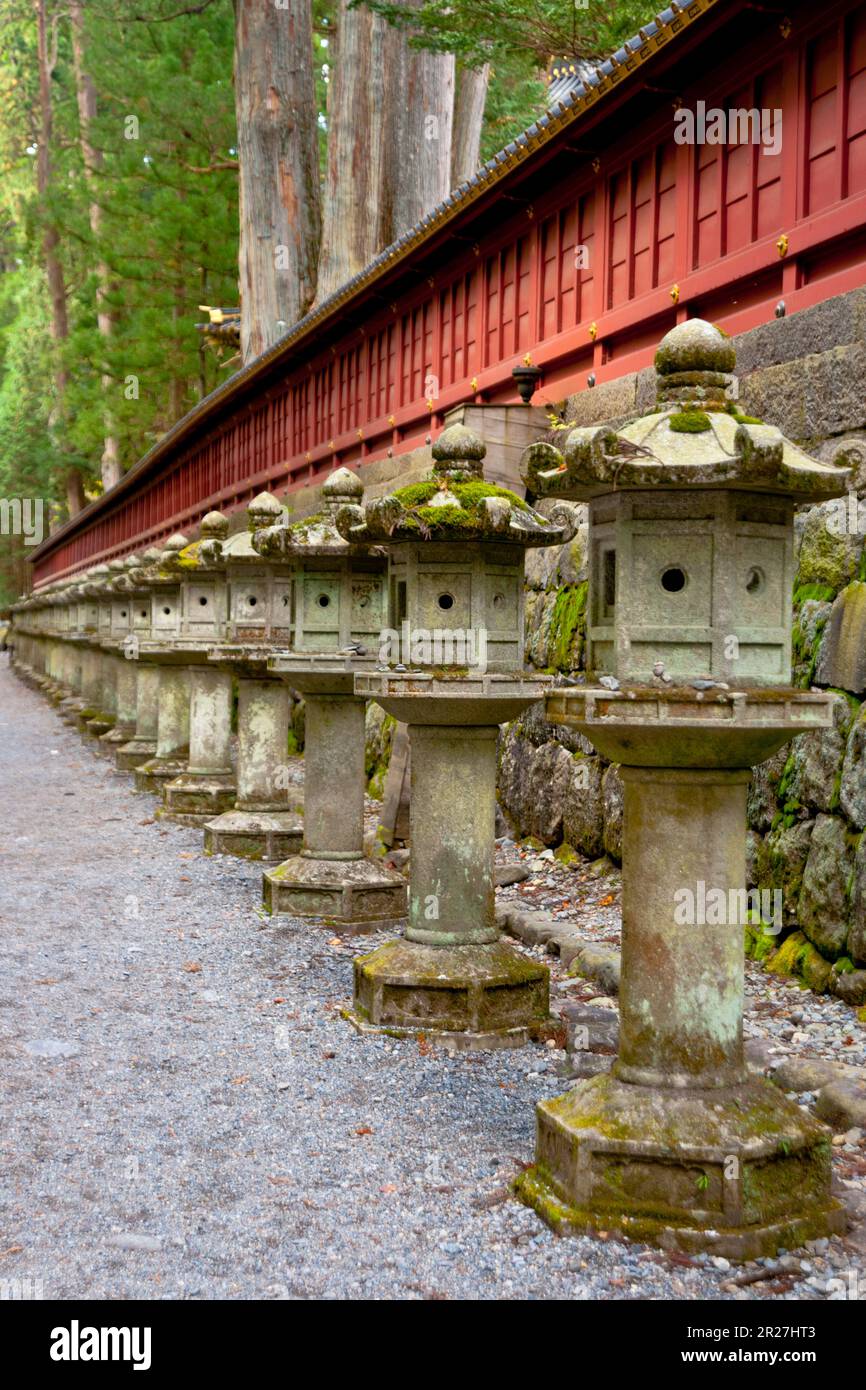 Nikko Toshogu Santuario Kamishinmichi e lanterne di pietra Foto Stock