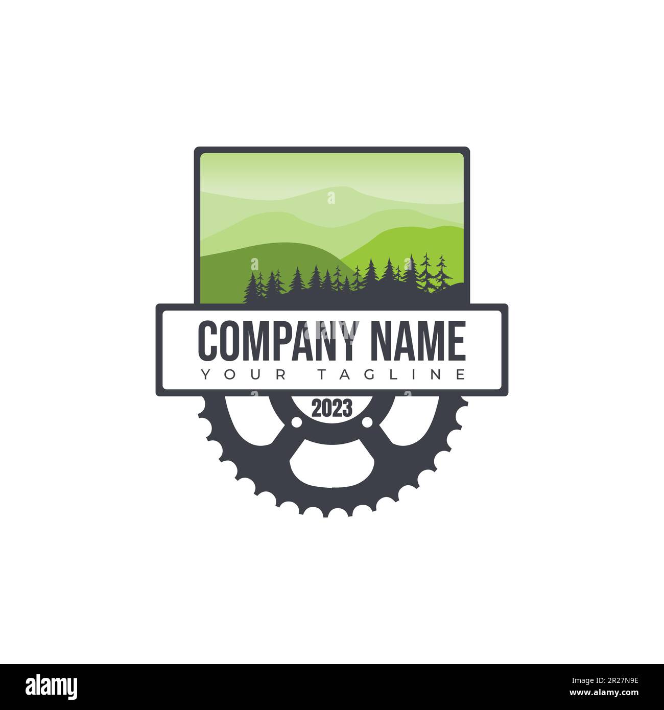 Logo della community Mountain Bike. Extreme mountain bike logo design gear mountain concept per la comunità ciclistica Illustrazione Vettoriale