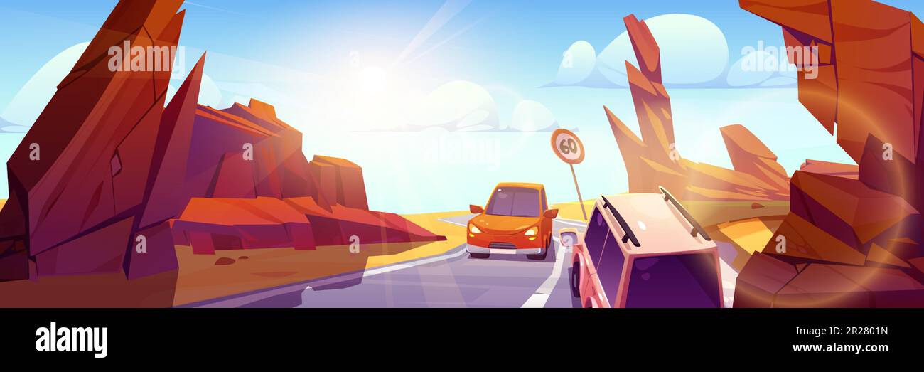 Traffico di auto nel deserto in cartoon canyon illustrazione. Vettore autostrada in paesaggio roccioso caldo. Turismo guidare strada asfaltata in auto avventura nella valle di pietra con raggi di sole nel cielo blu. Illustrazione Vettoriale