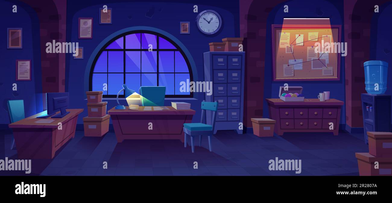 Stanza interna della stazione di polizia notturna. Scuro interno bureau sfondo cartone animato con lampada e computer raggio luminoso. Armadio dell'agenzia di sicurezza legale con finestra per il luogo di lavoro dello sperimentatore con tavolo Illustrazione Vettoriale