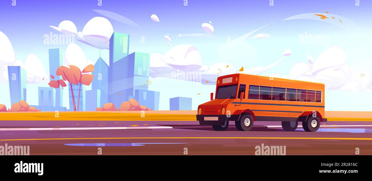 School bus sulla città autunnale illustrazione strada. Trasporto per escursioni scolastiche su strada vicino all'esterno del grattacielo. Paesaggio urbano panoramico e foglie d'arancio volanti sulla pozza. Trasporto nelle scuole superiori Illustrazione Vettoriale