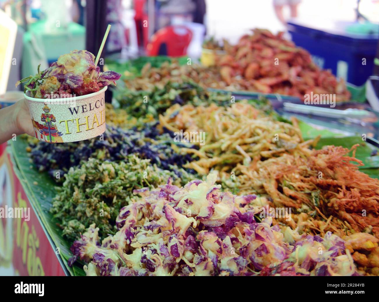 Fiori fritti la delicatezza a Koh Kret, Nonthaburi, Thailandia. Foto Stock