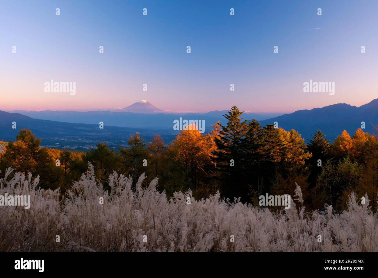 Monte Fuji nella gloriosa luce del sole che tramonta Foto Stock
