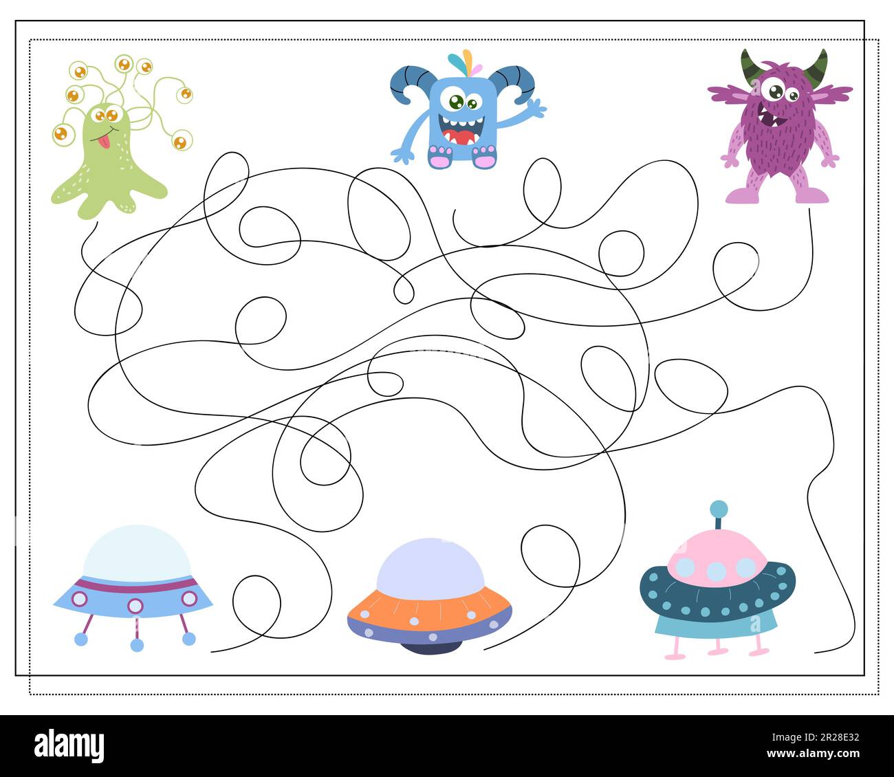 Labirinto, un gioco educativo per i bambini. Trova la strada dal mostro cartone animato al piattino volante. Illustrazione vettoriale Illustrazione Vettoriale