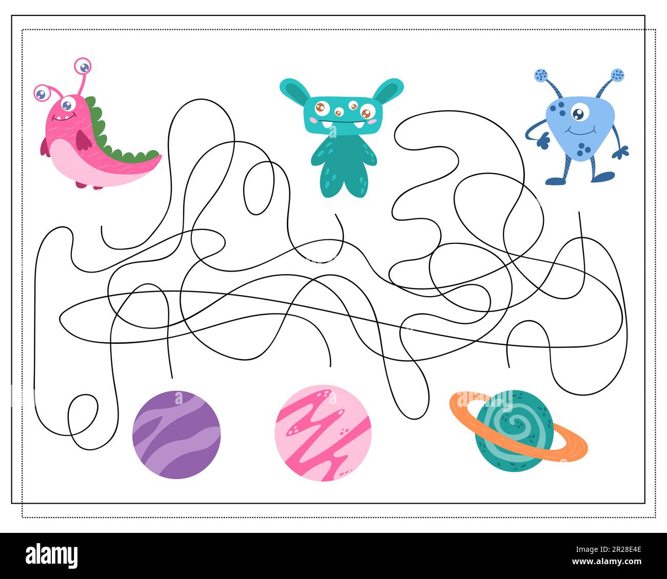 Labirinto, un gioco educativo per i bambini. Trova la strada dal mostro cartone animato al piattino volante. Illustrazione vettoriale Illustrazione Vettoriale