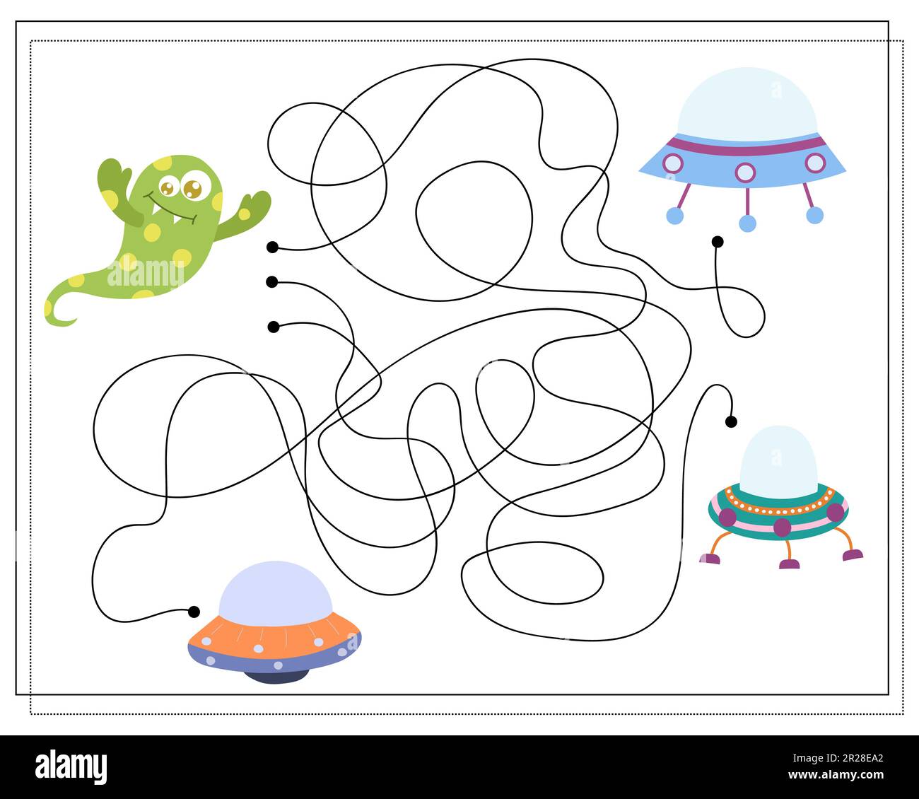 Labirinto, un gioco educativo per i bambini. Trova la strada dal mostro cartone animato al piattino volante. Illustrazione vettoriale Illustrazione Vettoriale