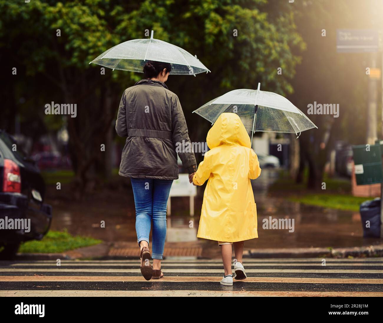 Schiena, impermeabile o ombrello con una madre e una figlia che camminano attraverso una strada in città durante l'inverno. Autunno, crosswalk o parco con una donna e. Foto Stock