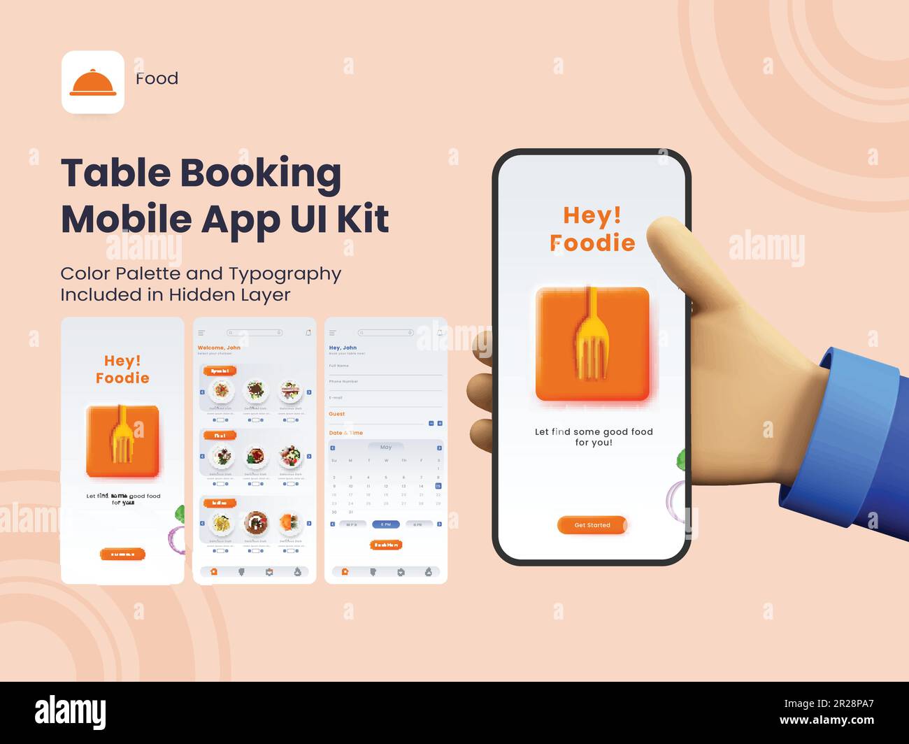 Kit interfaccia utente per app mobile Table Booking, inclusi accesso, registrazione, menu e dettagli del tavolo riservato per un sito Web reattivo. Illustrazione Vettoriale