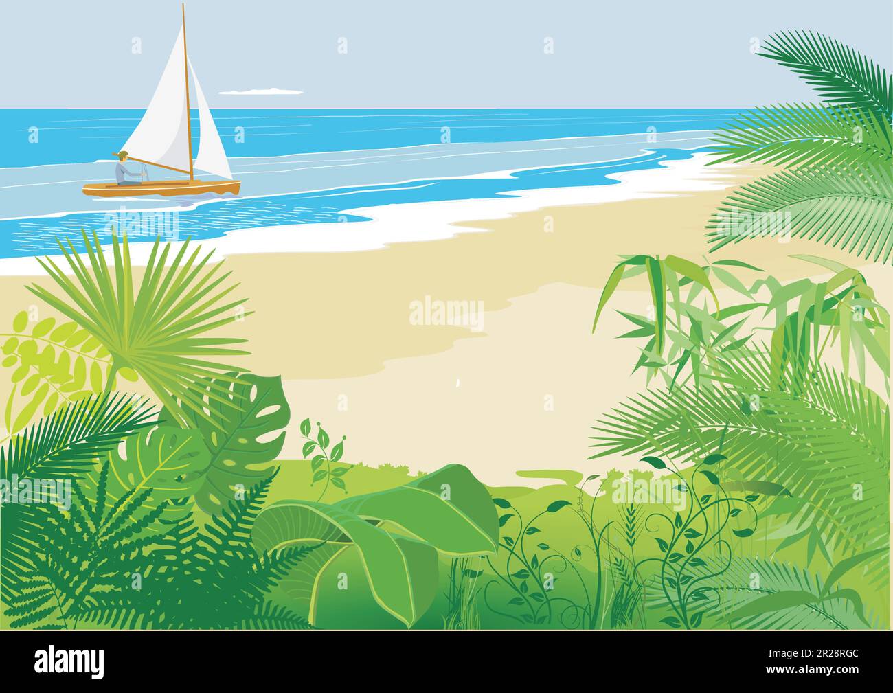 Spiaggia con barca a vela e palme - illustrazione Illustrazione Vettoriale