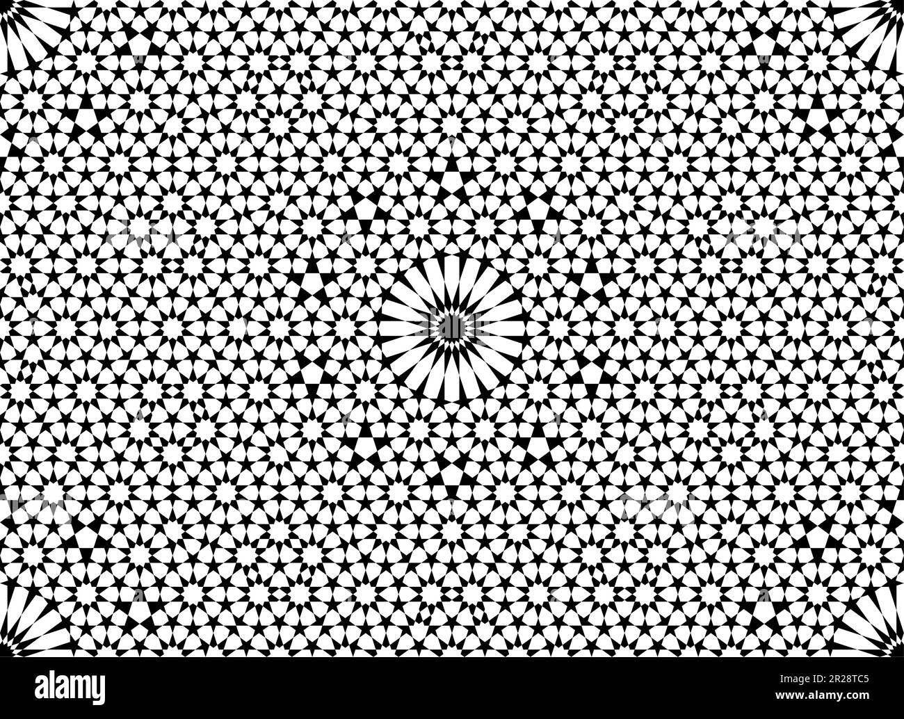 Ornamento geometrico senza cuciture basato sull'arte islamica tradizionale Figure in bianco e nero. Per tessuto, tessuto, copertina, carta da imballaggio, sfondo. Illustrazione Vettoriale