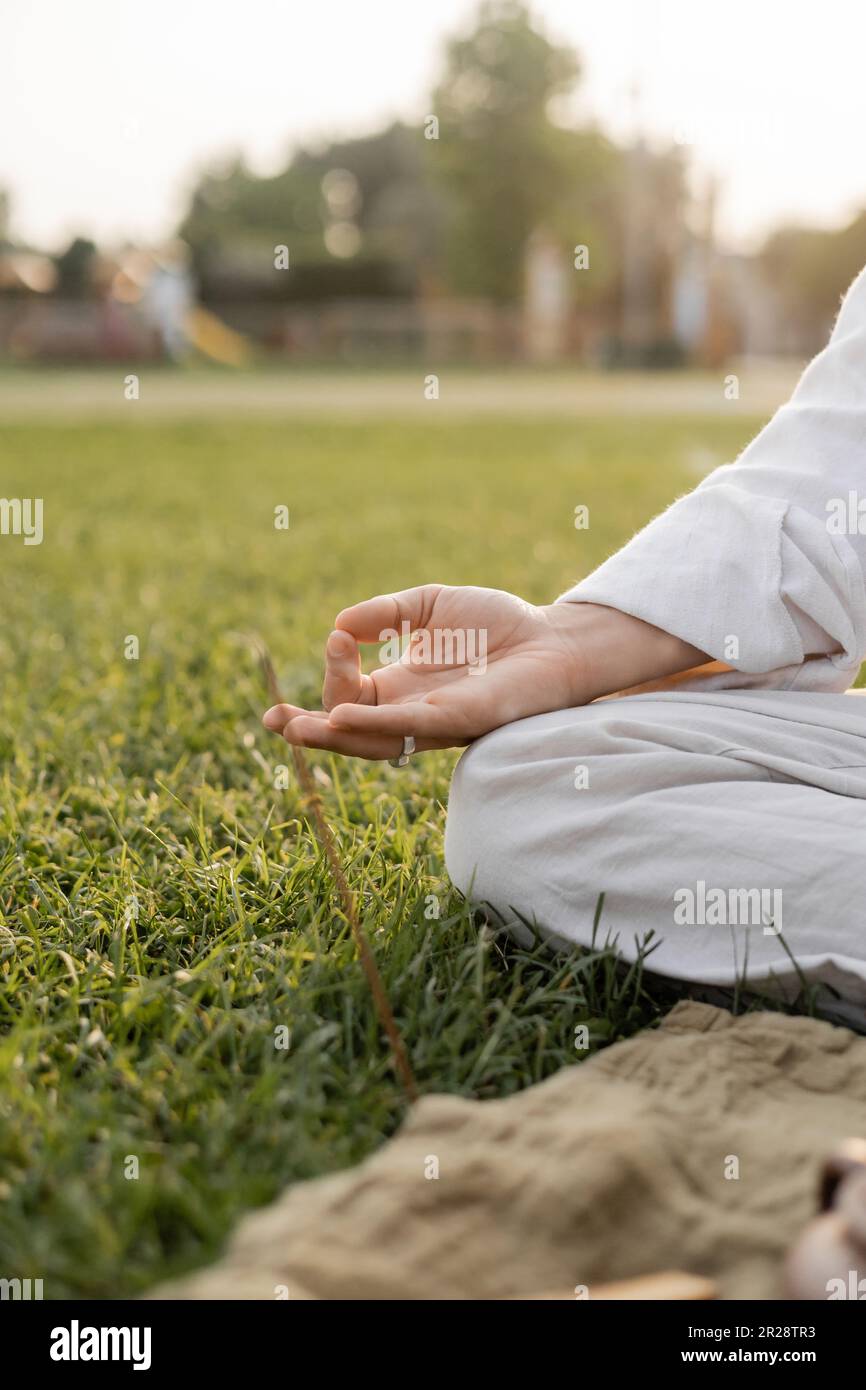 vista ritagliata dell'uomo in vestiti di lino bianco meditando con il gesto di gyan mudra mentre si siede sul campo erboso verde Foto Stock