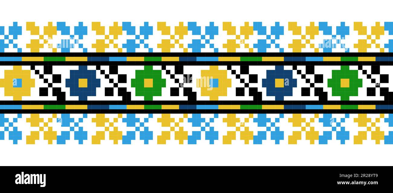 Popolare ucraino, motivo floreale etnico ricamo per tessuti, stampa tessuto. Modello vettoriale ricamo colorato ucraino. Pixel art, vyshyvanka, croce Illustrazione Vettoriale