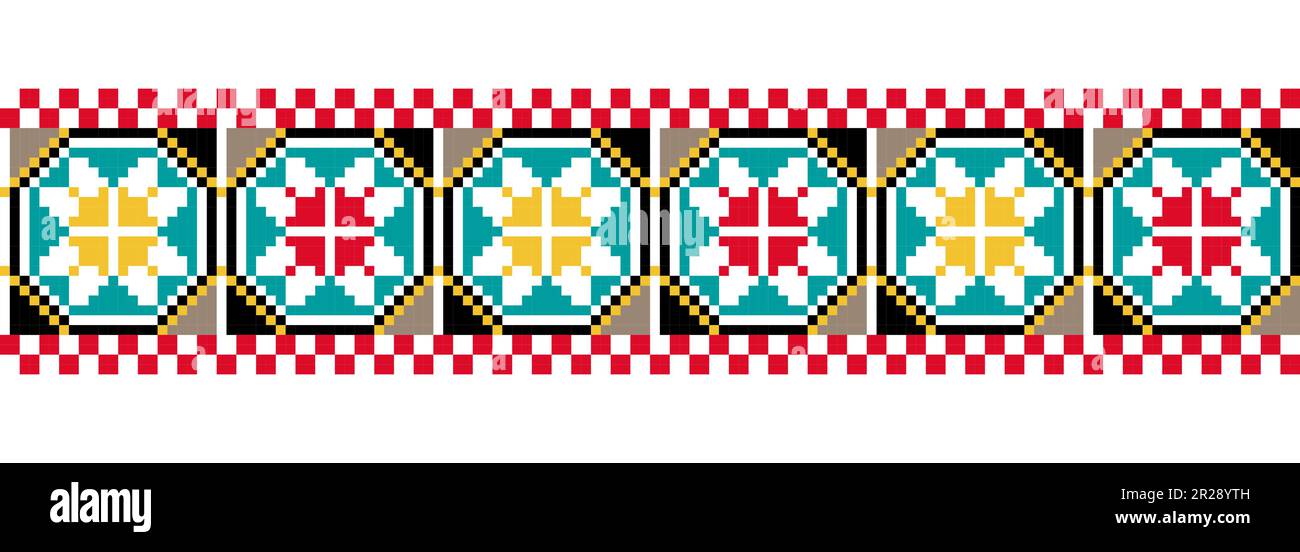 Ornamento vettoriale geometrico ucraino vyshyvanka, bordo, modello. Ricamo ucraino vyshyvanka colorato. Pixel art, punto a croce Illustrazione Vettoriale