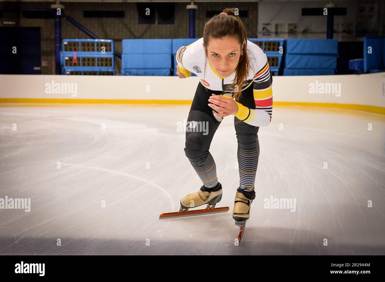 Hasselt, Belgio. 18th maggio, 2023. Il pattinatore belga Hanne Desmet si pone per il fotografo durante una sessione di allenamento dei pattinatori belgi a Hasselt, giovedì 18 maggio 2023. BELGA PHOTO JILL DELSAUX Credit: Belga News Agency/Alamy Live News Foto Stock