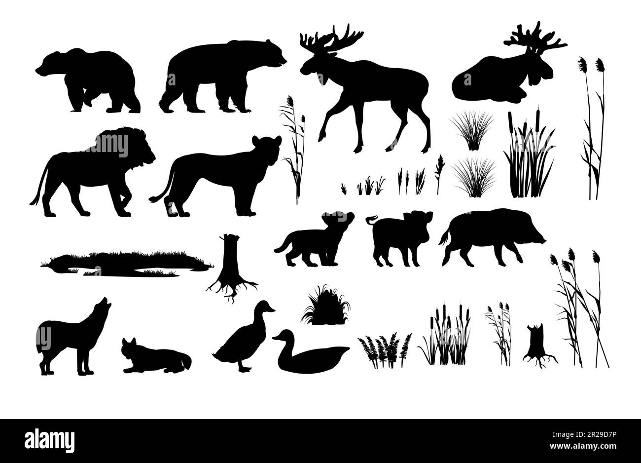 Animali domestici rurali diversi set. Animali domestici contadini. Immagine silhouette nera isolata su sfondo bianco. Vettore Illustrazione Vettoriale