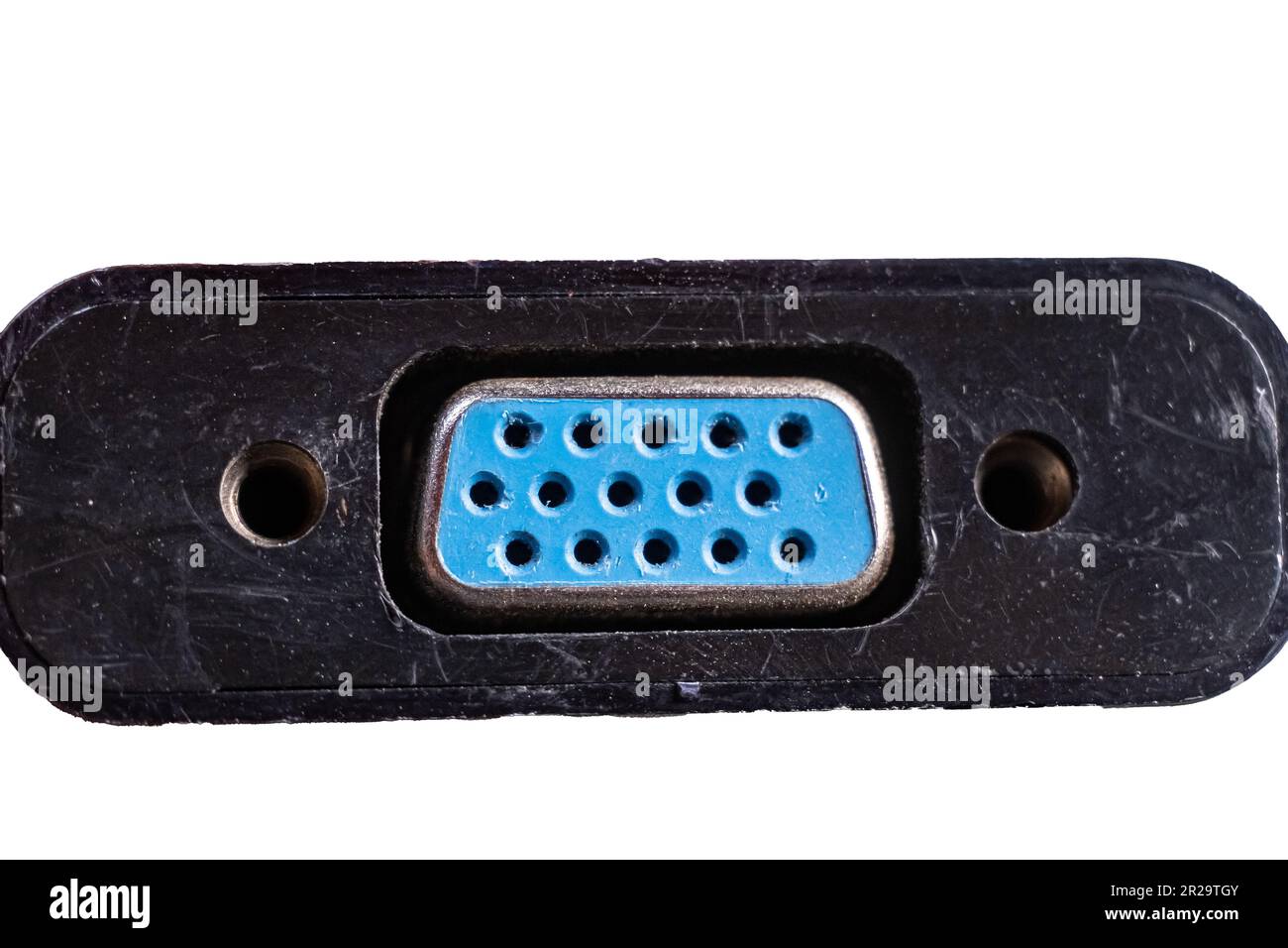 Connettore VGA blu isolato su sfondo bianco con percorso di ritaglio e spazio di copia Foto Stock