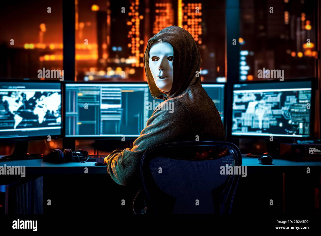 hacker in maschera bianca con computer e server, città illuminata sullo sfondo Foto Stock