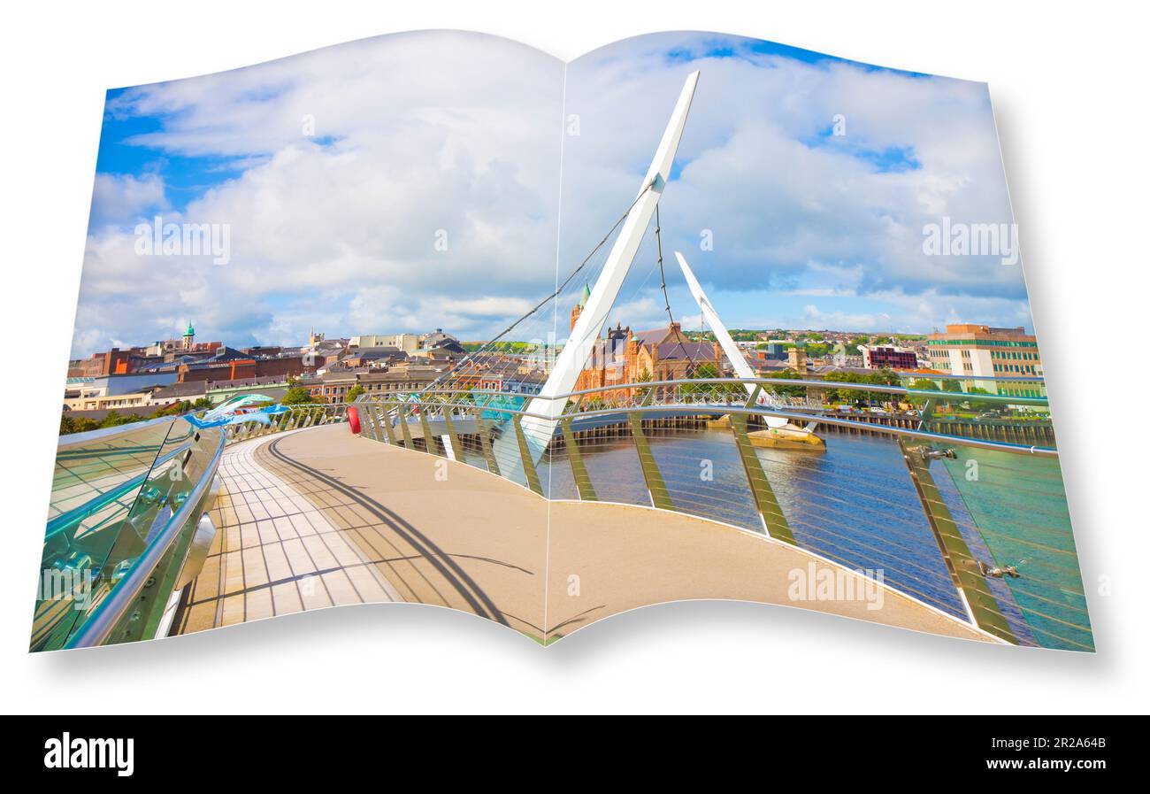 Skyline urbano della città di Derry (chiamata anche Londonderry) nell'Irlanda del Nord con il famoso 'Peace Bridge' (Europa - Irlanda del Nord) - 3D rendono conce Foto Stock