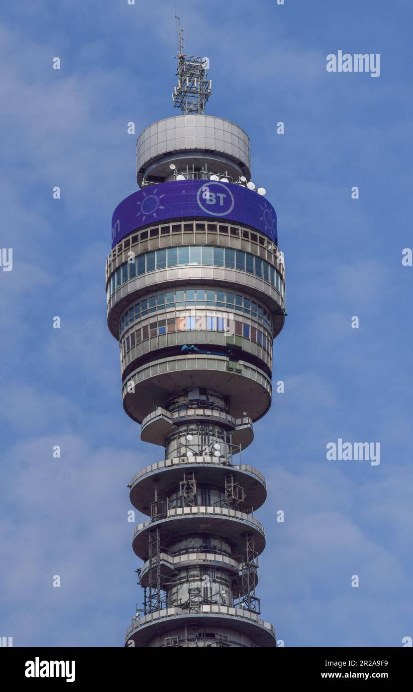 Londra, Regno Unito. 18 maggio 2023. Una vista generale della BT Tower nel centro di Londra. Credito: Vuk Valcic/Alamy Foto Stock