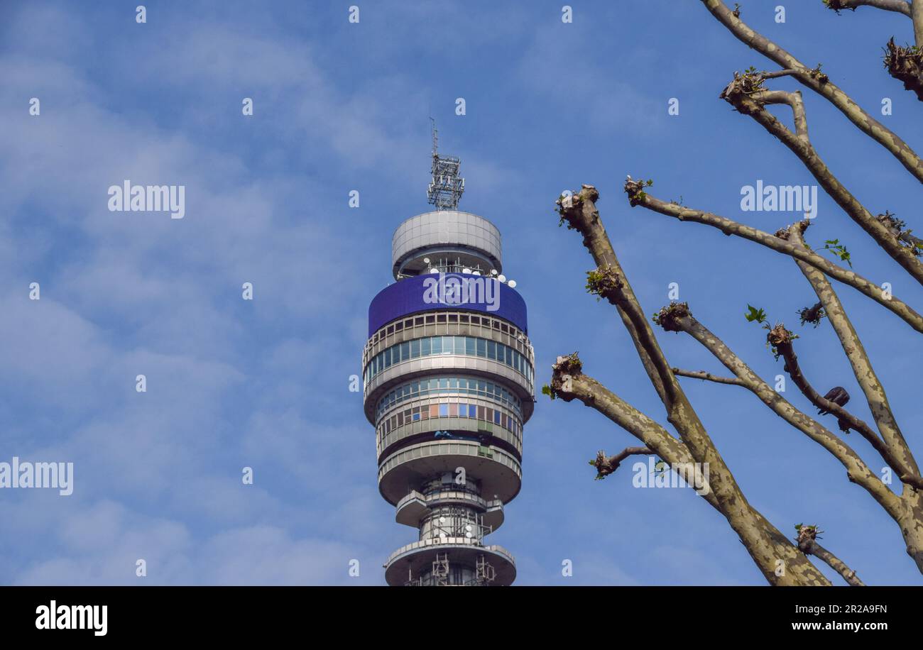 Londra, Regno Unito. 18 maggio 2023. Una vista generale della BT Tower nel centro di Londra. Credito: Vuk Valcic/Alamy Foto Stock