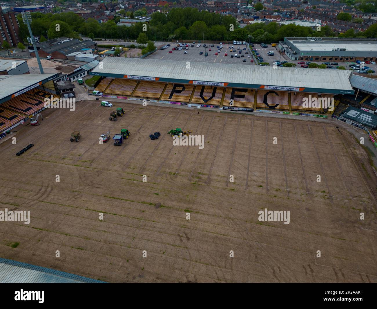 Vale Park Irrigation Works 2023 Off Season Pitch Works from Drone The Air Aerial, Port vale Football Club Stoke-on-Trent Foto Stock